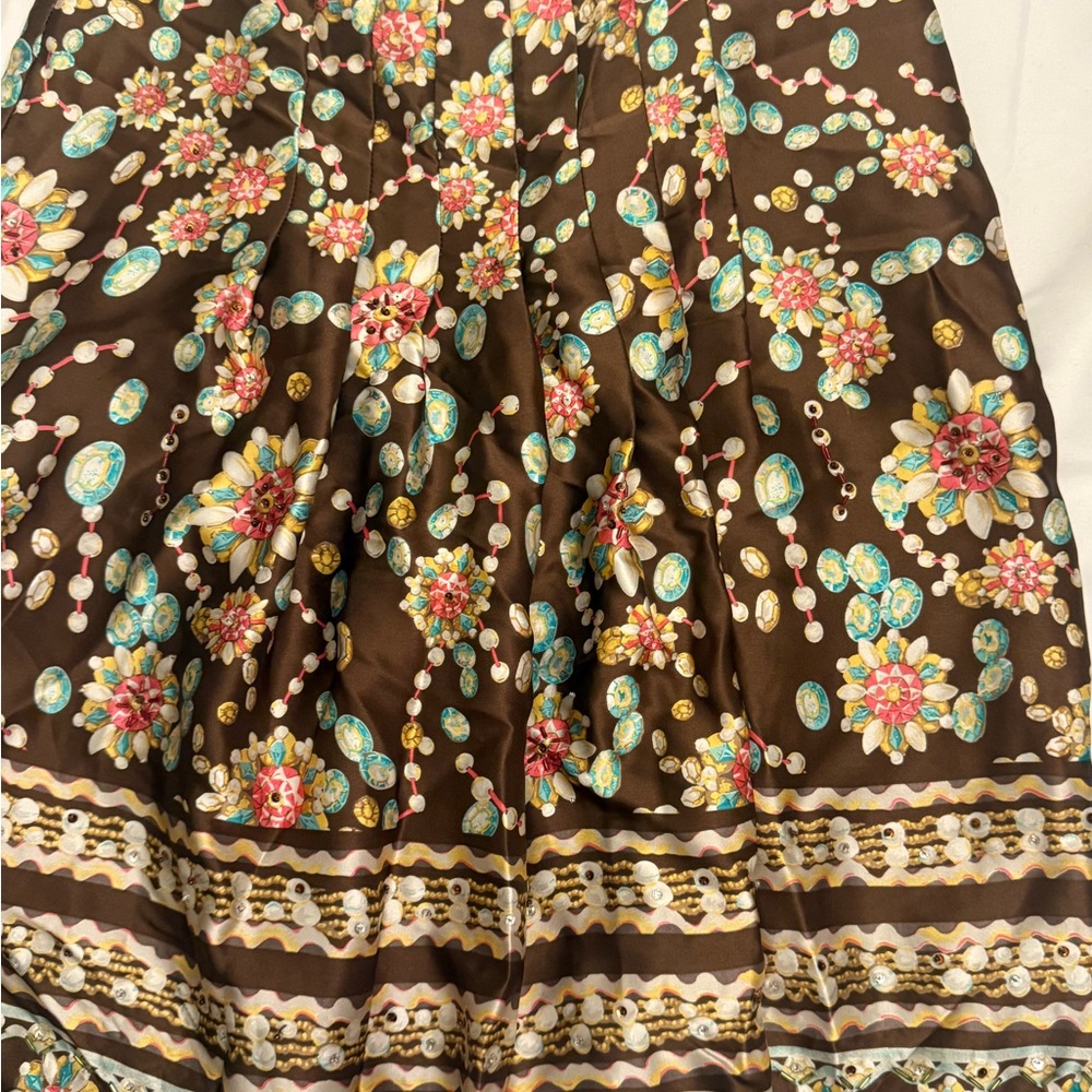 Brown Floral-Print A-Line Skirt with Turquoise & Pink Accents
